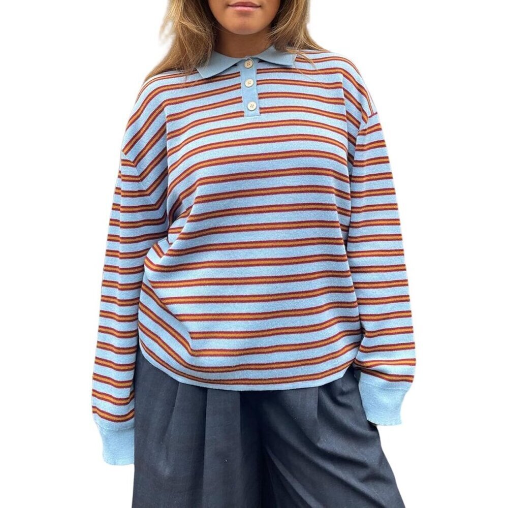 Oversized Striped Sweater Women Knit Collared Long Sleeve Preppy Vintage